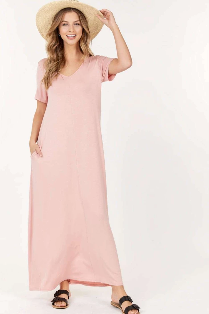 Basic Short Sleeve V Neck Maxi Dress
